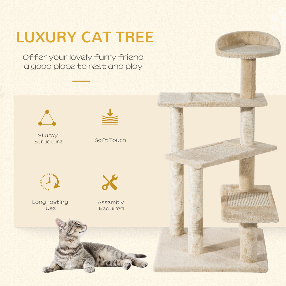 PawHut Beige Cat Tree with Sisal Scratching Posts & Multi-Level Climbing Tower Cat Tree PawHut