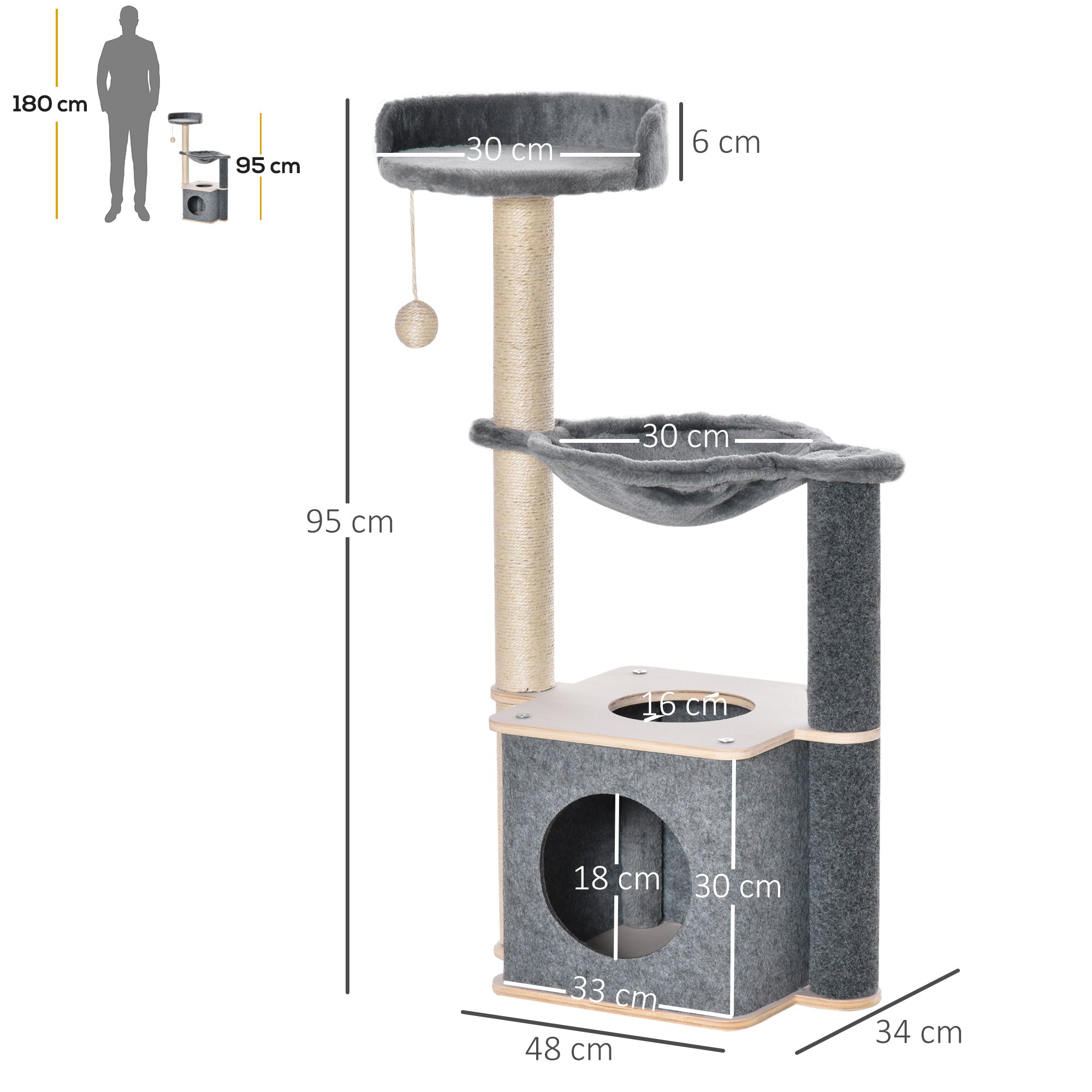 Cat Tower, 95cm Climbing Kitten Activity Centre with Sisal Scratching Posts, Perch, Spacious Condo, and Hammock, Grey