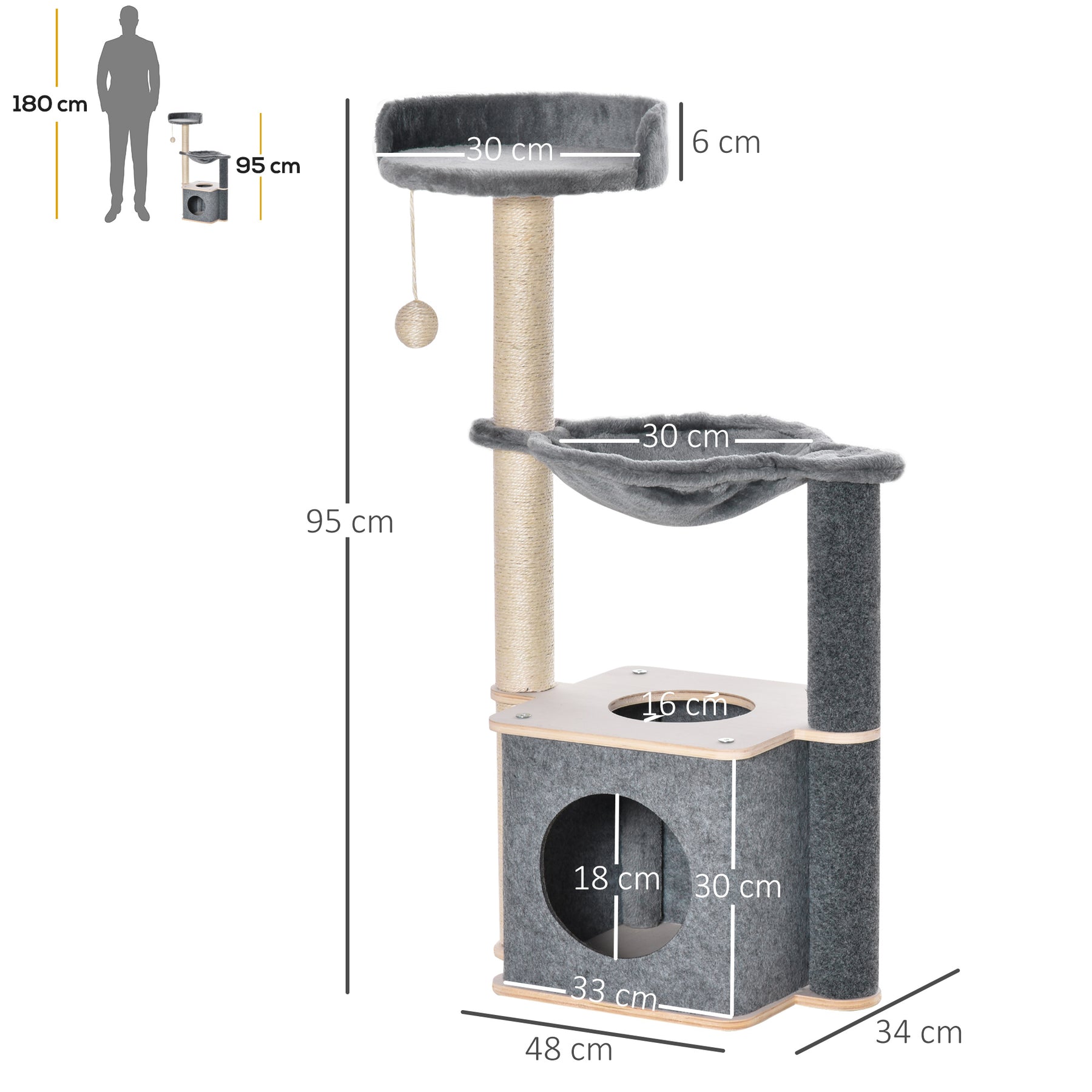 Cat Tower, 95cm Climbing Kitten Activity Centre with Sisal Scratching Posts, Perch, Spacious Condo, and Hammock, Grey