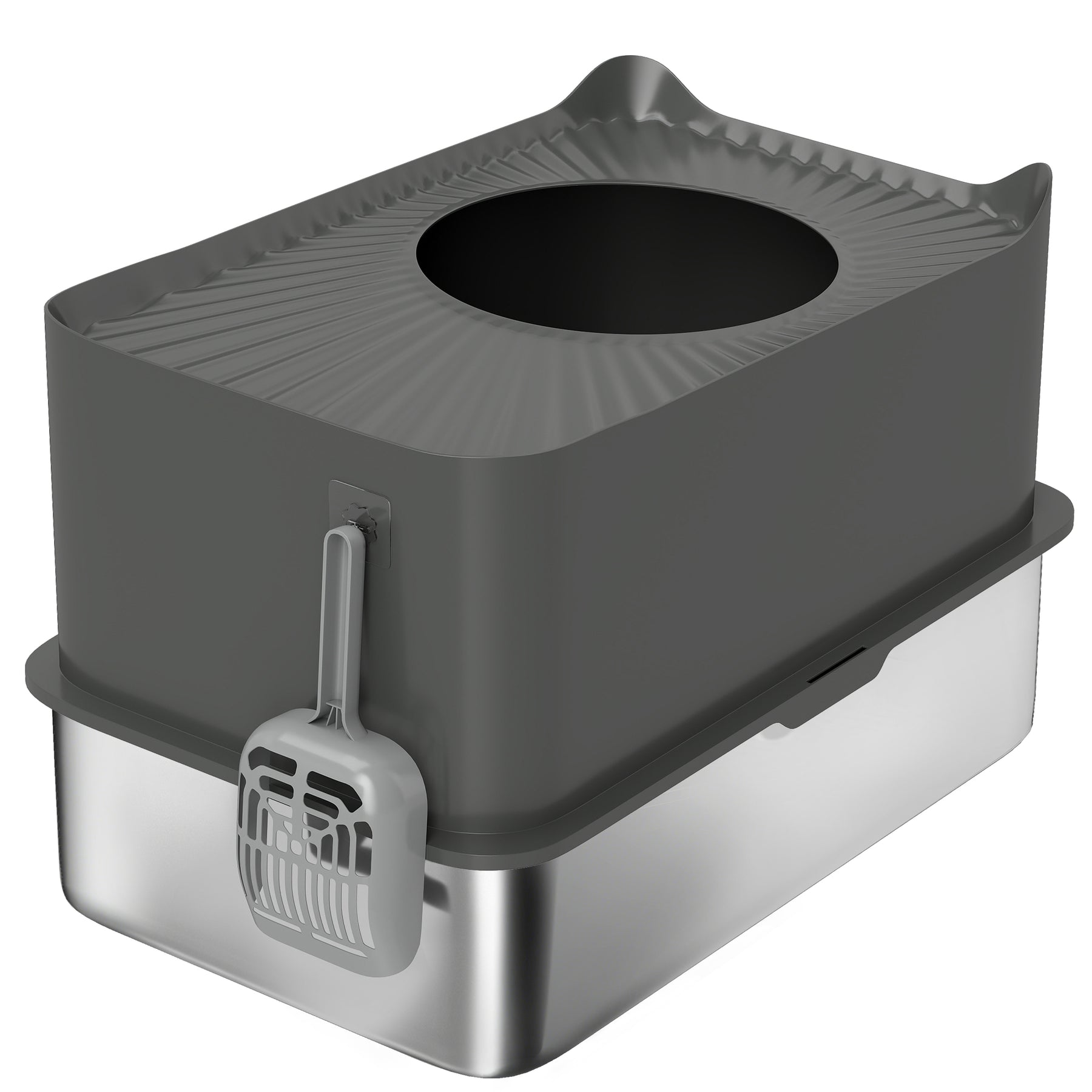 Stainless Steel Cat Litter Tray, Extra Large Enclosed Litter Box with Scoop, Top Entrance, Non-slip Pads, Dark Grey
