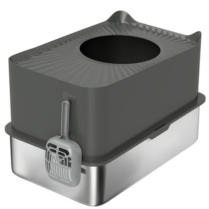 PawHut Stainless Steel Cat Litter Tray, Extra Large Enclosed Litter Box with Scoop, Top Entrance, Non-slip Pads, Dark Grey PawHut Default Title