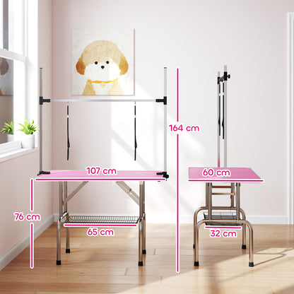 PawHut 42" Dog Grooming Table, Adjustable Pet Cat Drying Beauty Table with 2 Loops Storage Basket, Rubber Top, Pink PawHut
