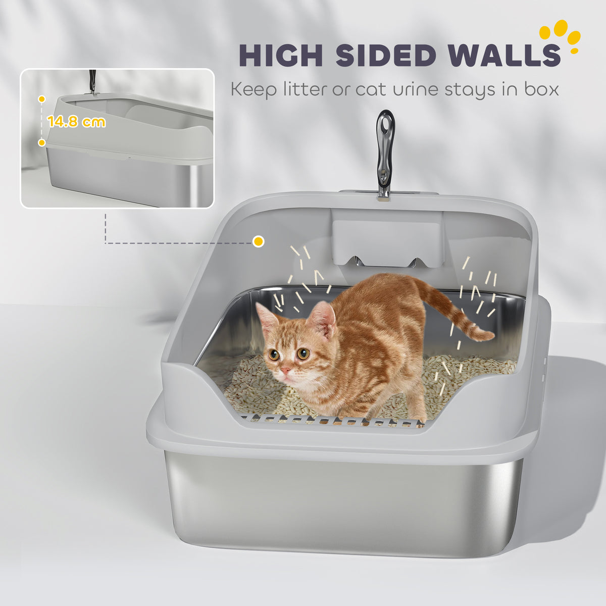 PawHut XXL Stainless Steel Cat Litter Box with High Sides, Metal Scoop, 70 x 50 x 30 cm PawHut