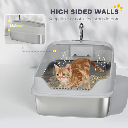 PawHut XXL Stainless Steel Cat Litter Box with High Sides, Metal Scoop, 70 x 50 x 30 cm PawHut
