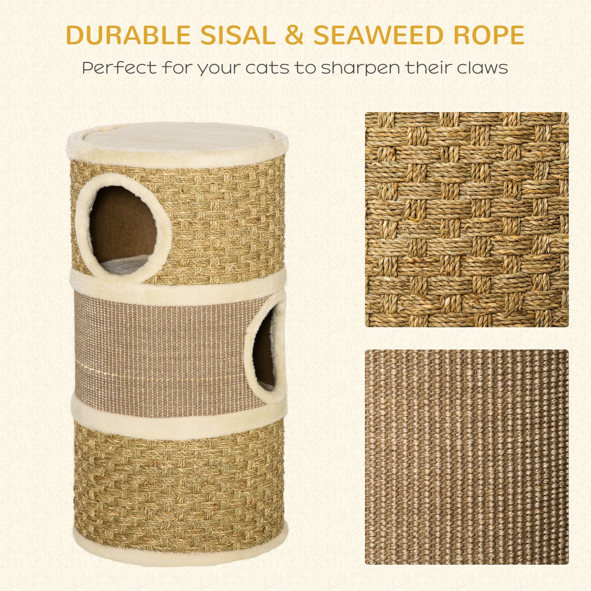 Cat Scratching Barrel Kitten Tree Tower Pet Furniture Climbing Frame Covered with Sisal and Seaweed Rope Cozy Platform Soft Plush