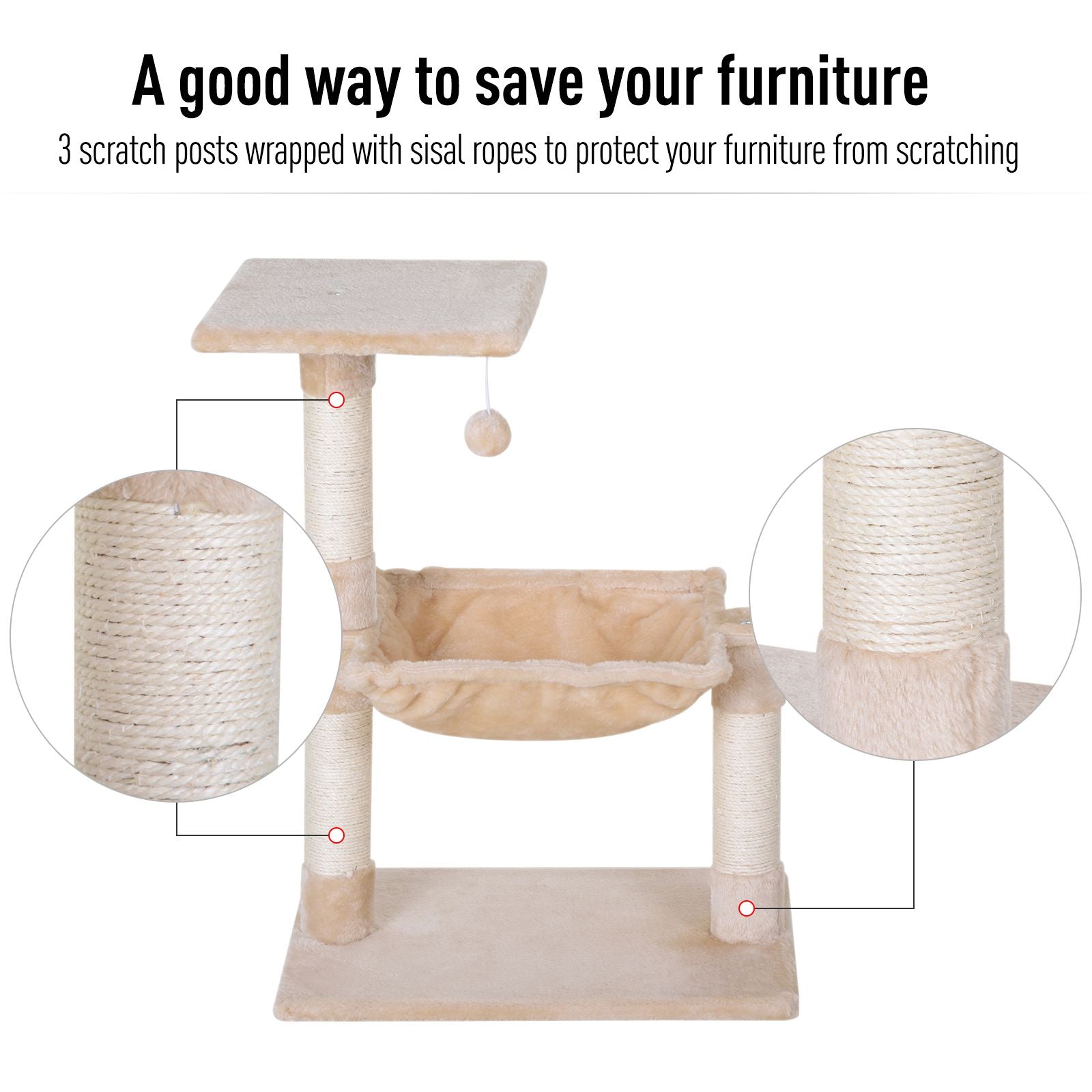 2-Tier Cat Tree with Hammock Bed, Natural Sisal Scratching Post & Dangle Toy, Pet Scratch Stand