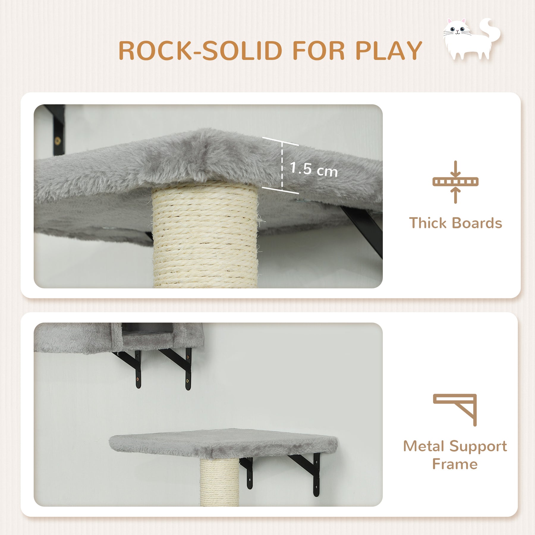 6-Piece Cat Wall Shelves Set with Condo, Cat Wall Furniture with Platforms, Sisal Scratching Post, Bed, Toy Ball, Grey