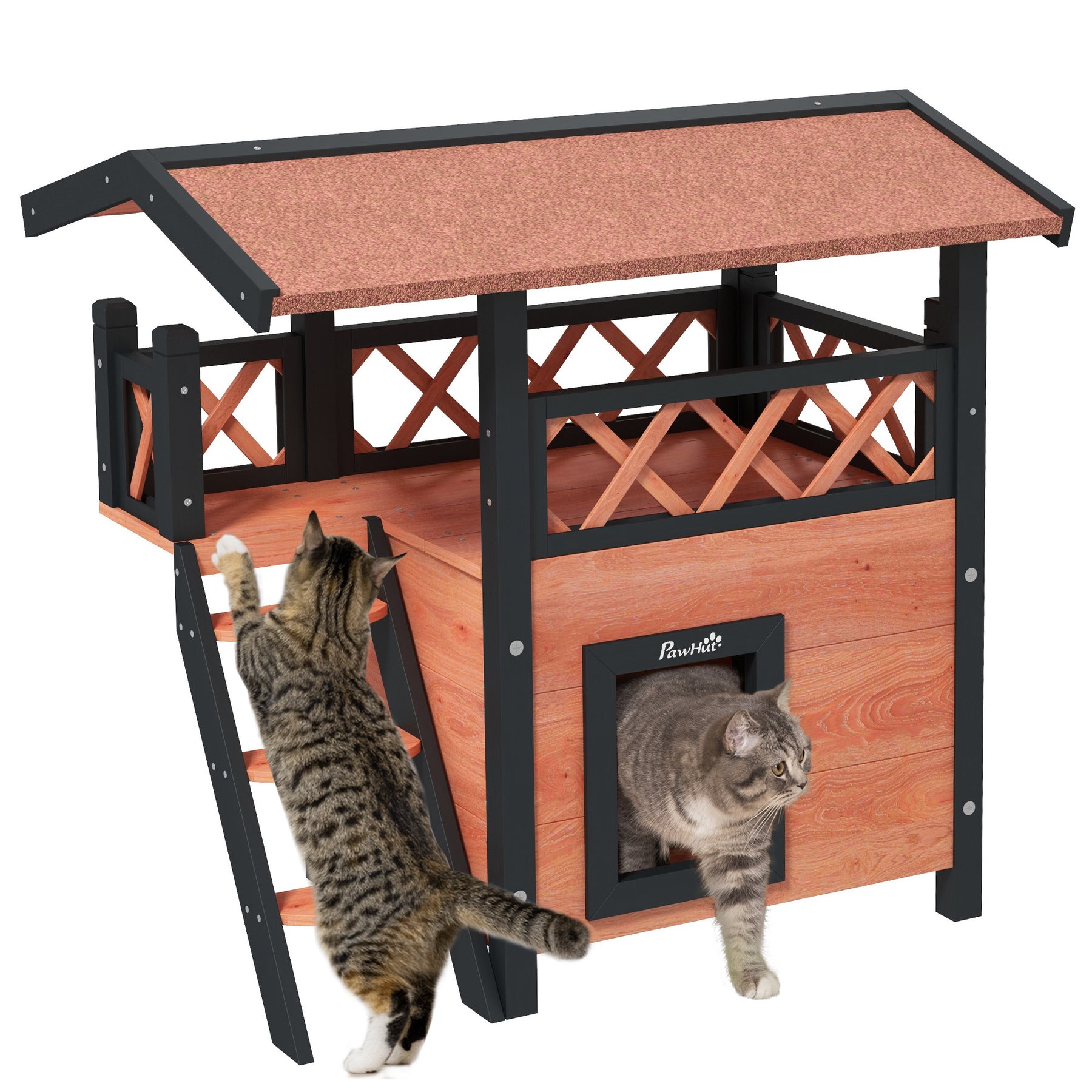 Cat House Outdoor w/ Balcony Stairs Roof, Brown