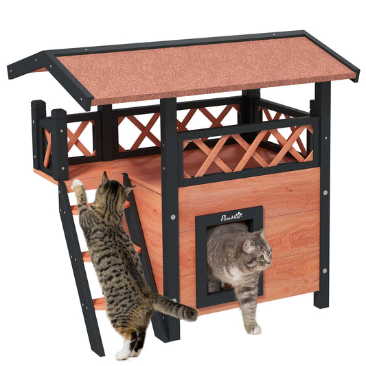 Cat House Outdoor W Balcony Stairs Roof Brown Aosom UK Default Title