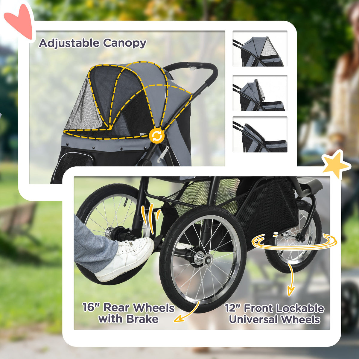 PawHut Foldable Pet stroller, Dog Buggy with Three Wheels, for Small/Medium Dogs, Grey PawHut