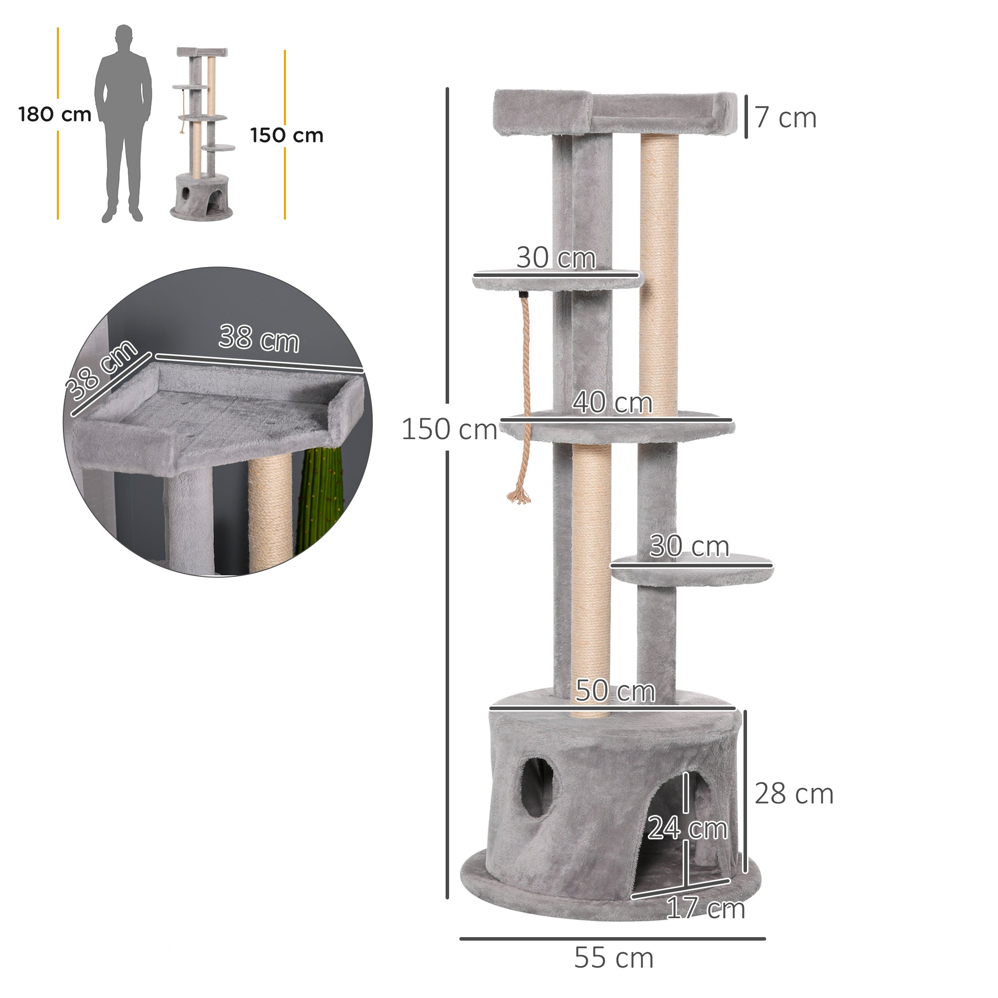 Cat Tree Multi-Level, Kitten Tower Activity Centre with Scratching Post, Condo, Hanging Ropes & Plush Perches, Grey