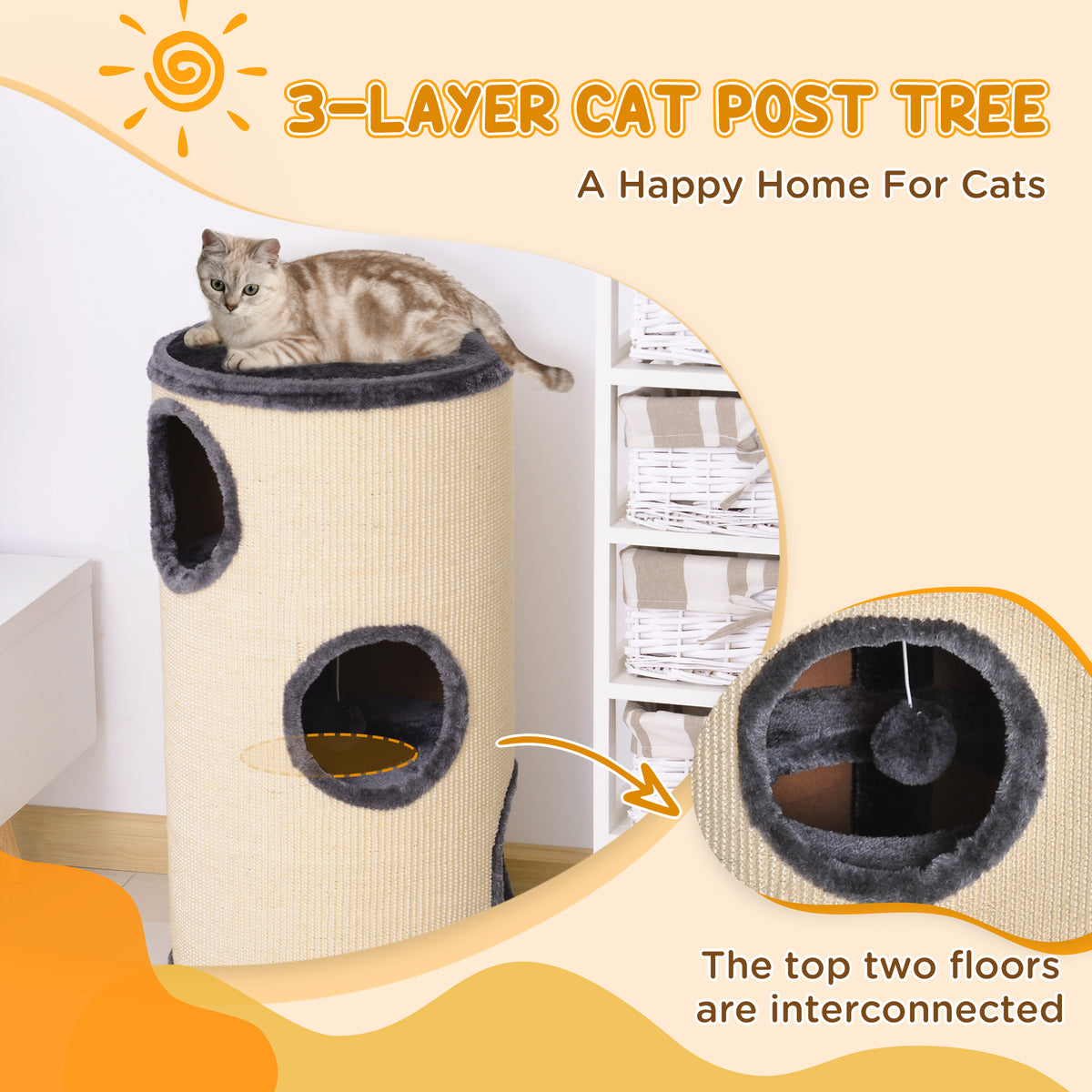 PawHut 70cm Cat Scratching Barrel with Sisal Post, Condo & Bed Cat Scratchers & Scratching Posts PawHut