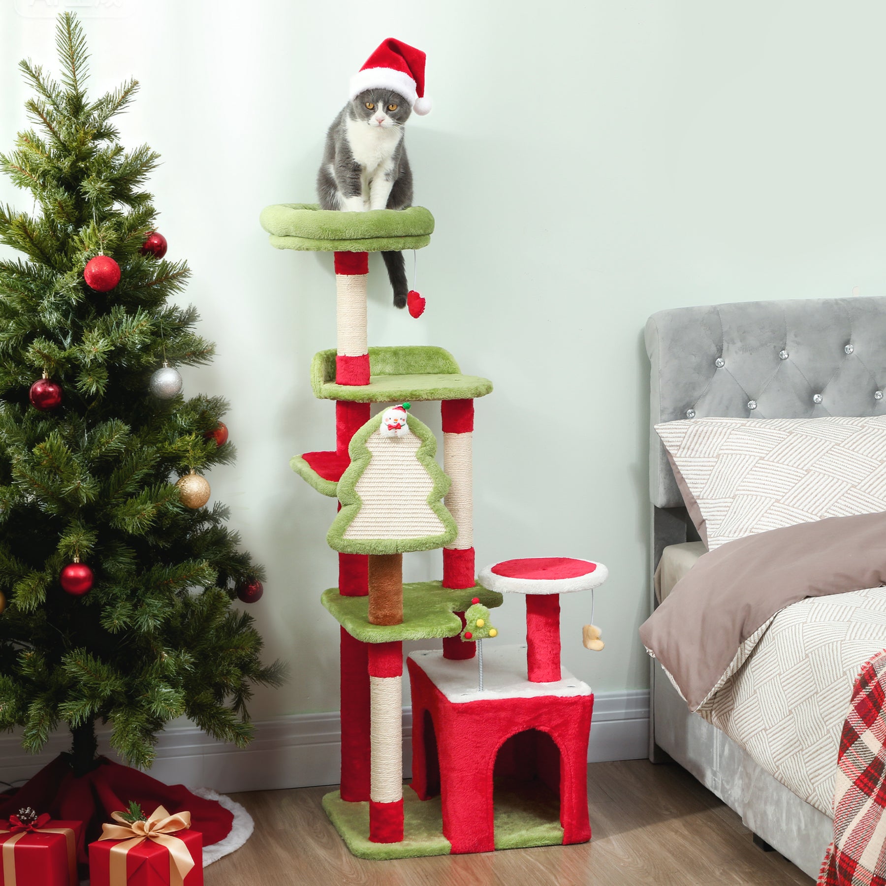 Cat Tree, Christmas Cat Tower with 3 Scratching Posts, Scratching Board, 2 Perches, Platforms, Toys, Green