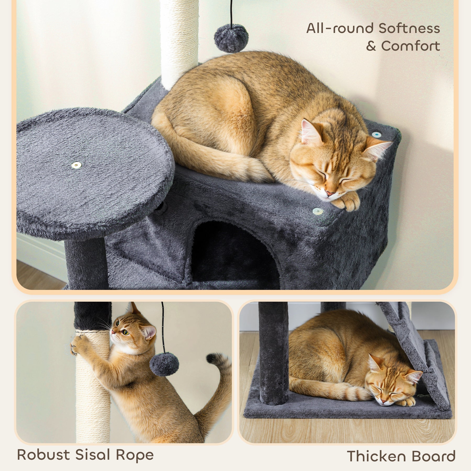 Large Cat Tree Tower with Sisal Scratching Posts, Cat Houses, Plush Perches, Hammock, Ladder, Dark Grey