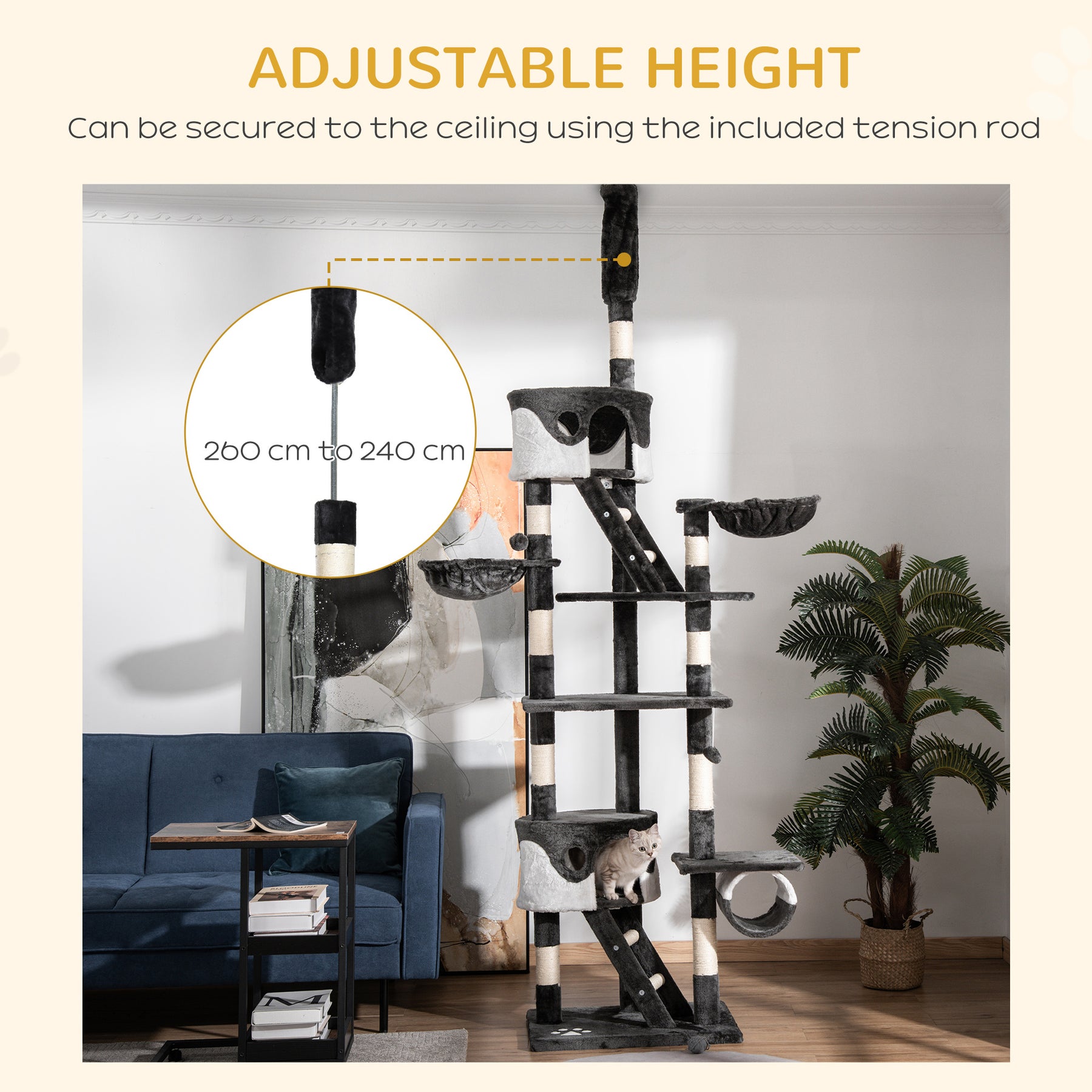 Adjustable Cat Tree Condo, Kitten Playhouse with Scratching Posts, Fun House, Grey & White