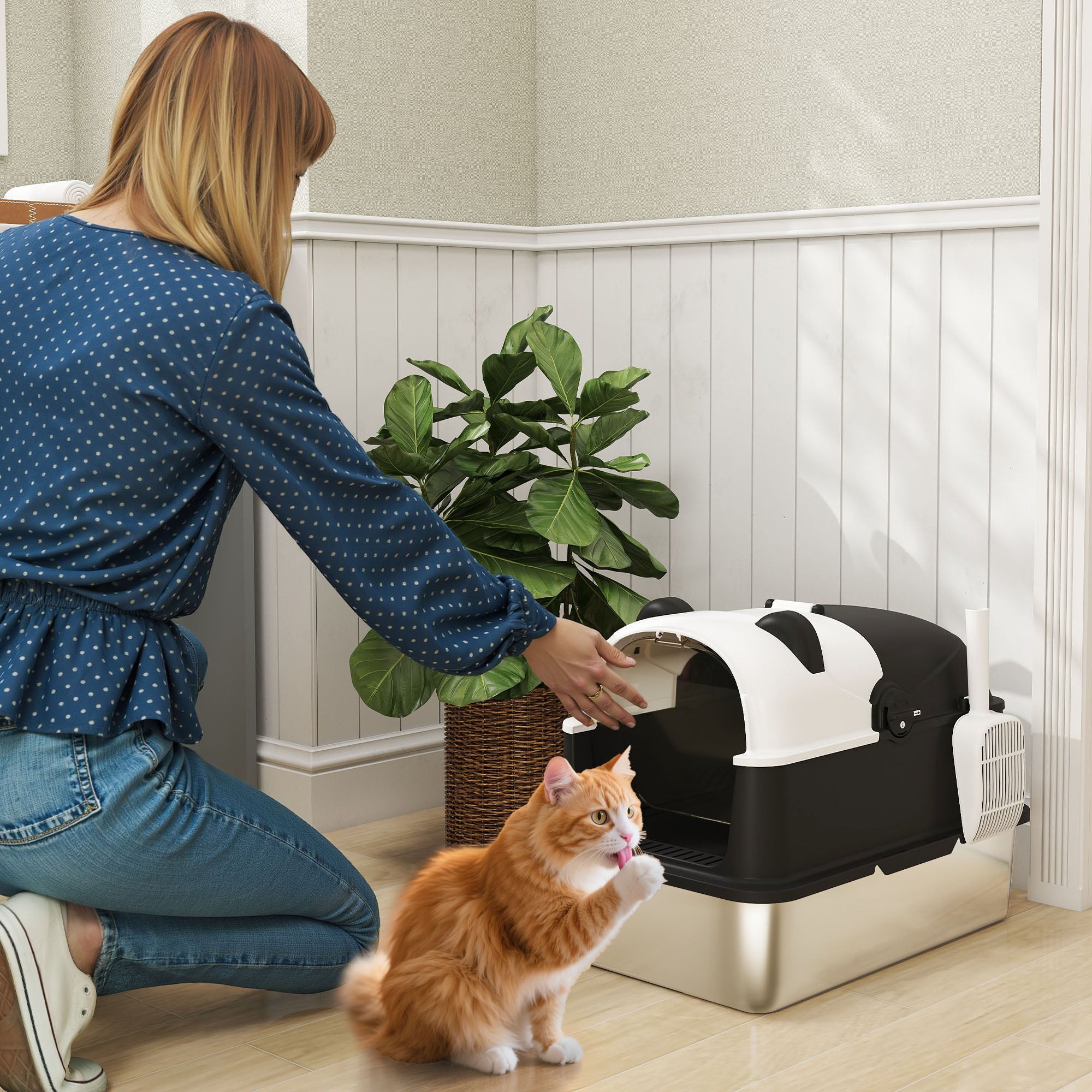 Panda Style XL Stainless Steel Cat Litter Box with Lid, Enclosed Kitty Litter Box with Scoop
