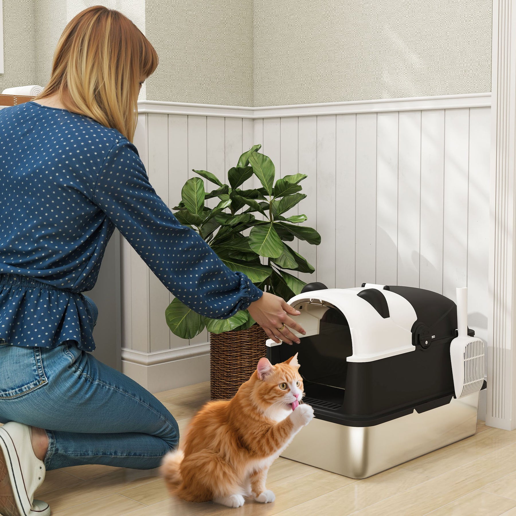 Panda Style XL Stainless Steel Cat Litter Box with Lid, Enclosed Kitty Litter Box with Scoop
