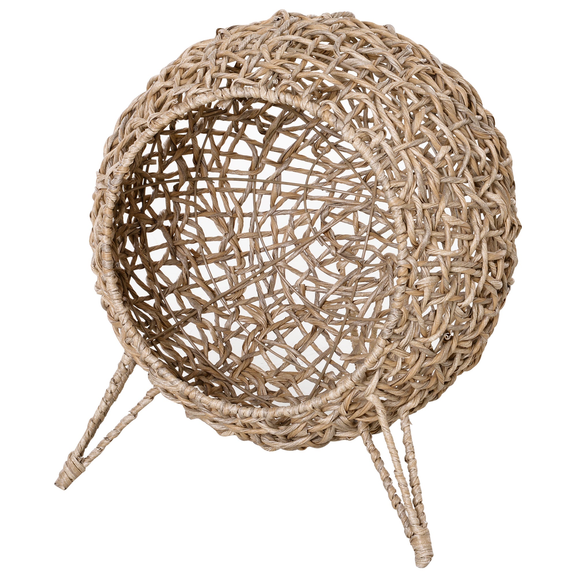 Cat Hammock Rattan Cat House Ball-Shaped Cat Bed with Hand-Woven PE, Cushion & Three-Legged Base, Natural Wood Finish