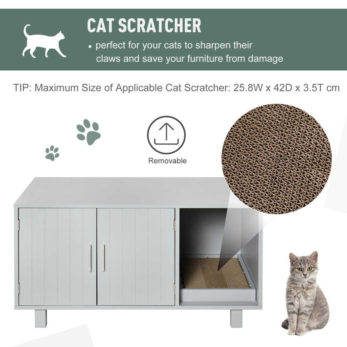 PawHut Wooden Cat Litter Box Enclosure & House with Nightstand/End Table Design, Scratcher, & Magnetic Doors, Grey PawHut