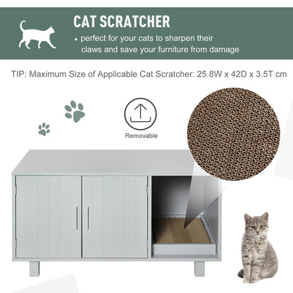 PawHut Wooden Cat Litter Box Enclosure & House with Nightstand/End Table Design, Scratcher, & Magnetic Doors, Grey PawHut