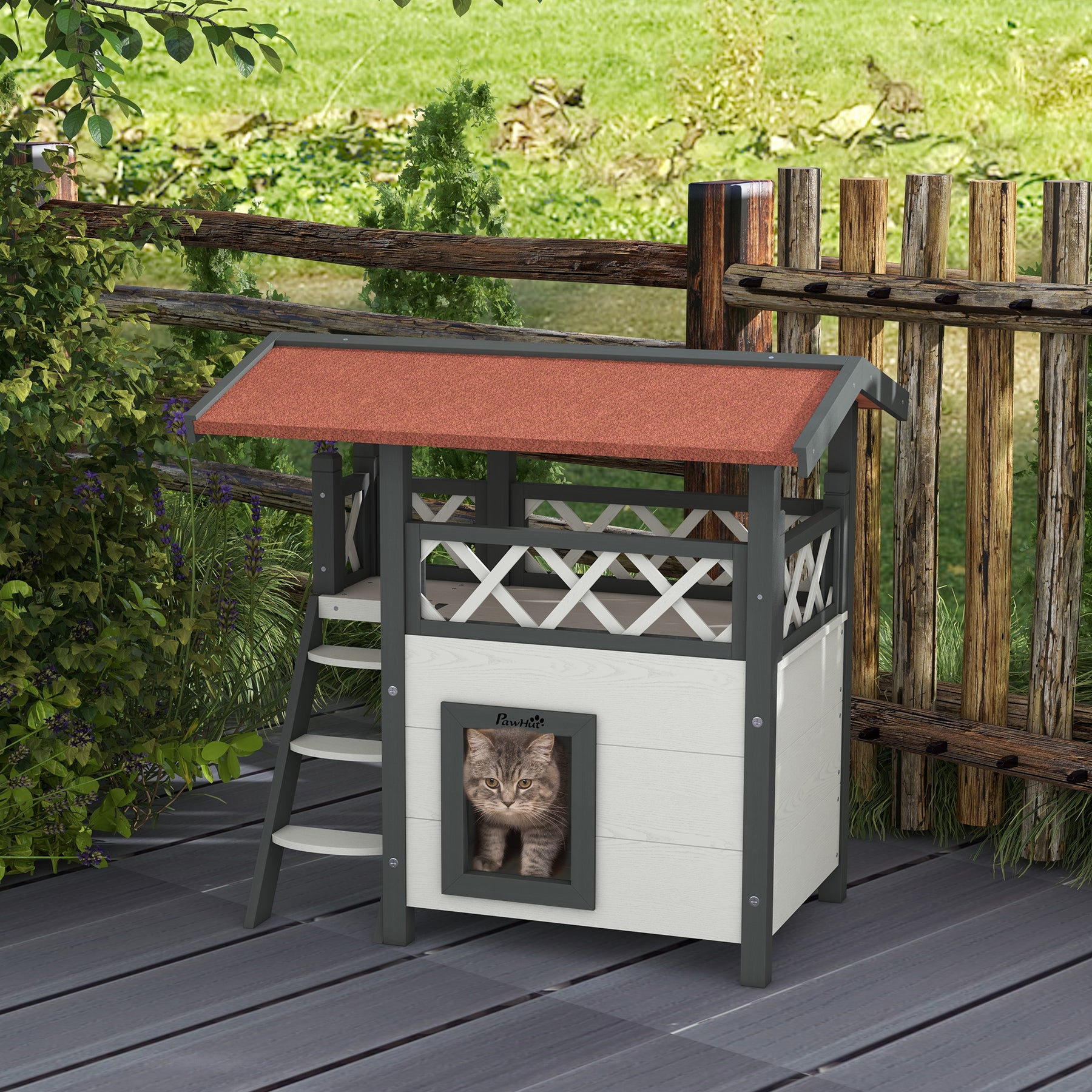 Cat House Outdoor w/ Balcony Stairs Roof, White