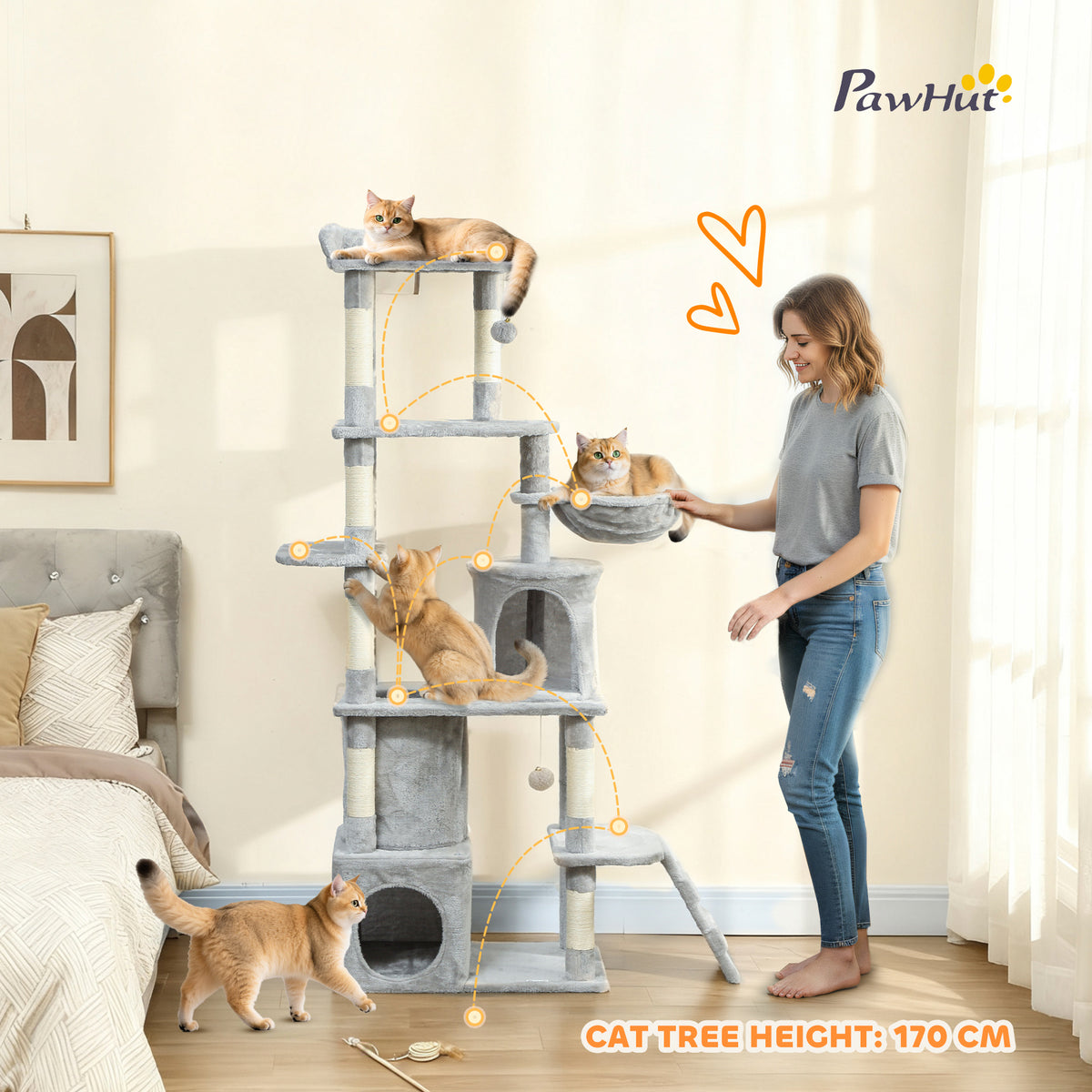 PawHut 170 cm Large Cat Tree, Cat Tower with 7 Scratching Posts, 2 Condos, Hammock, Light Grey PawHut
