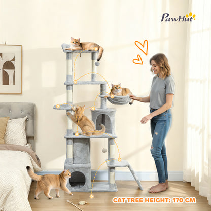 PawHut 170 cm Large Cat Tree, Cat Tower with 7 Scratching Posts, 2 Condos, Hammock, Light Grey PawHut