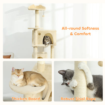 PawHut 180cm Large Cat Tree Tower with Sisal Scratching Posts, Condos, Plush Perches, Hammock, Ladder, Beige PawHut