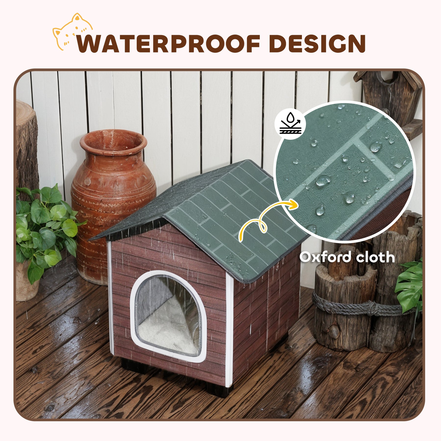 Insulated Outdoor Cat House, Waterproof Feral Cat Shelter with Elevated Base and Cushion, Red-brown