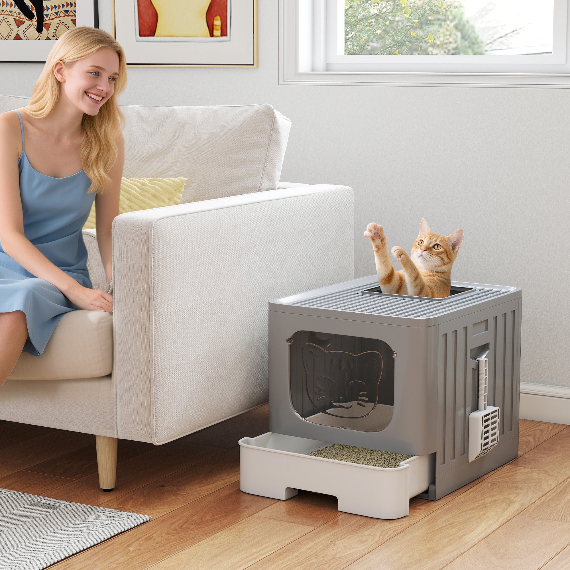 Foldable Cat Litter Box with Lid, Slide-Out Drawer, Scoop, Easy Clean, Odour Control, Anti-Splashing, Grey