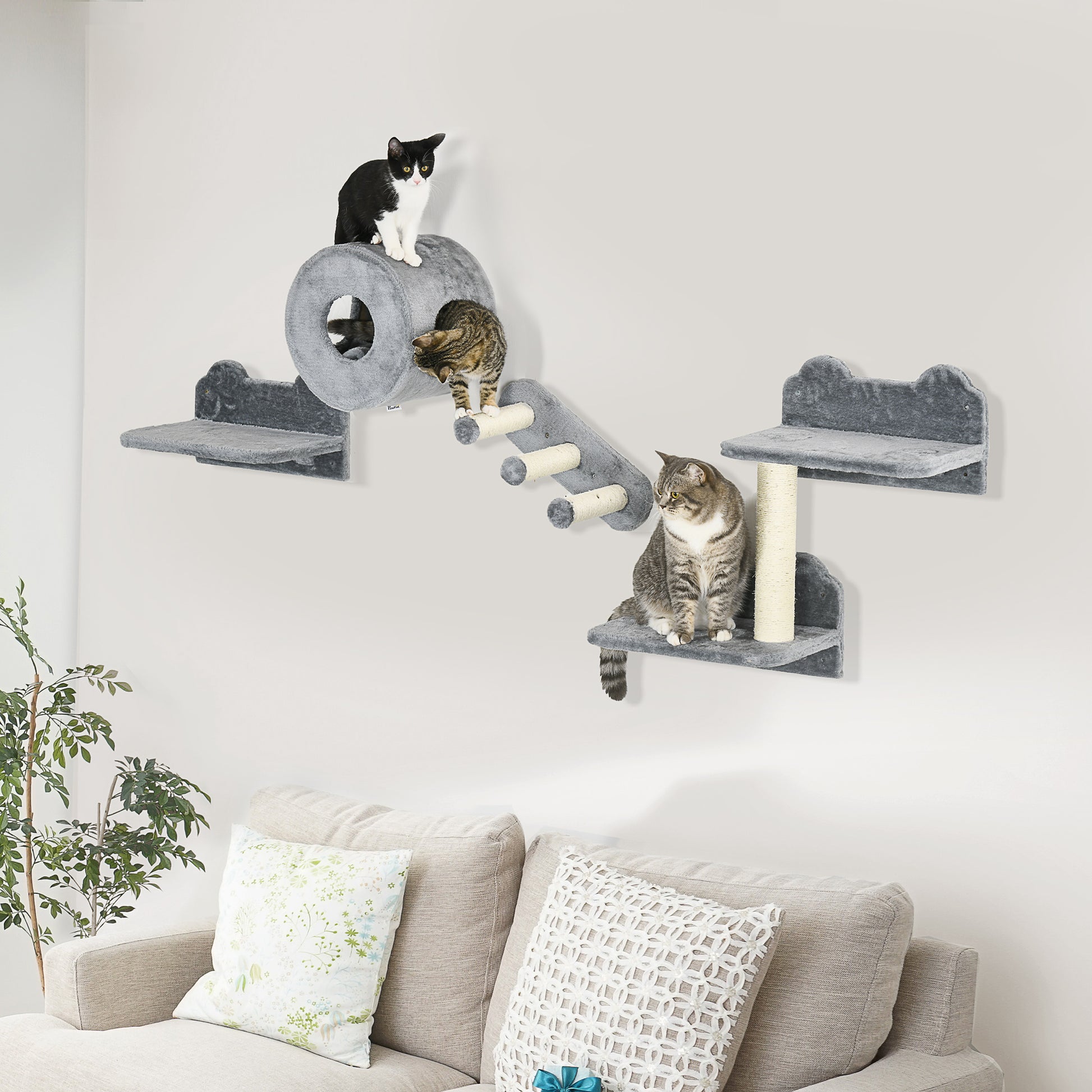 4Pcs Wall Mounted Cat Tree Furniture With Platforms Steps Aosom UK