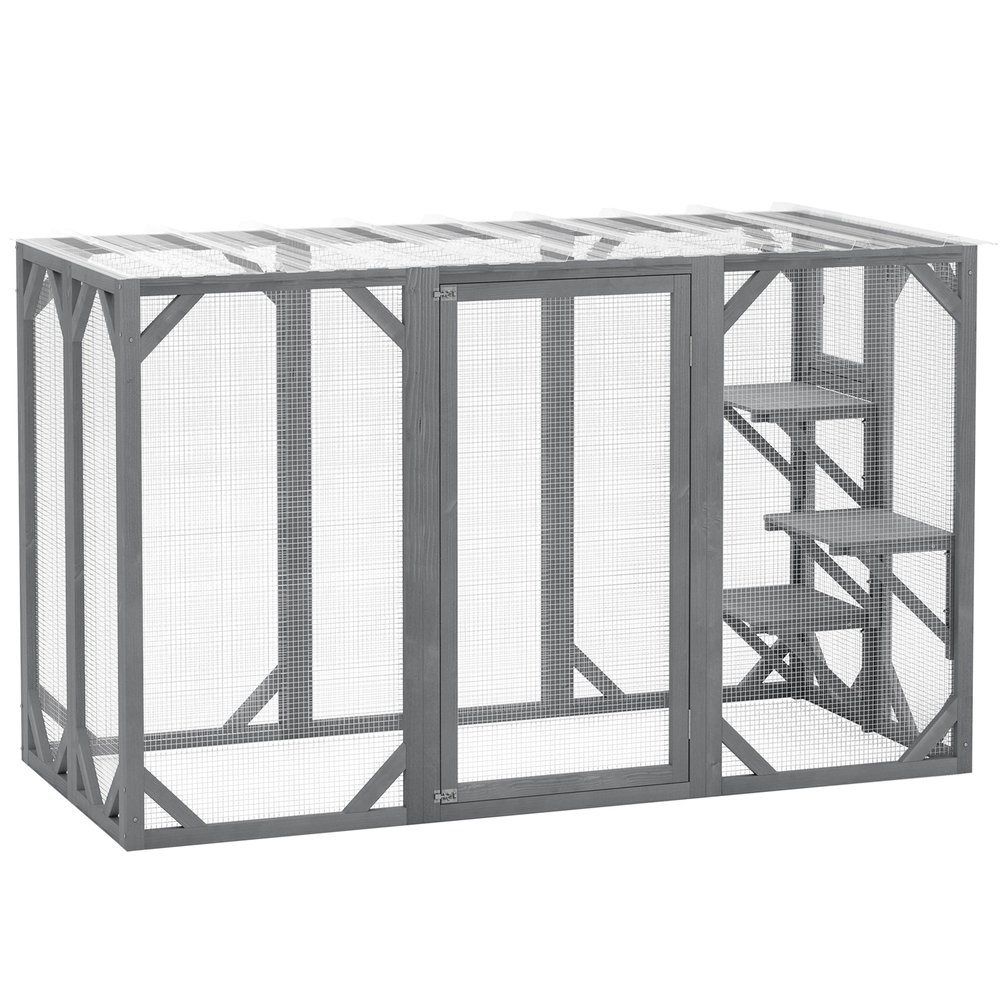 Outdoor Wooden Cat House with 3 Platforms, Large Door and Weatherproof Roof, for Multiple Cats, Grey