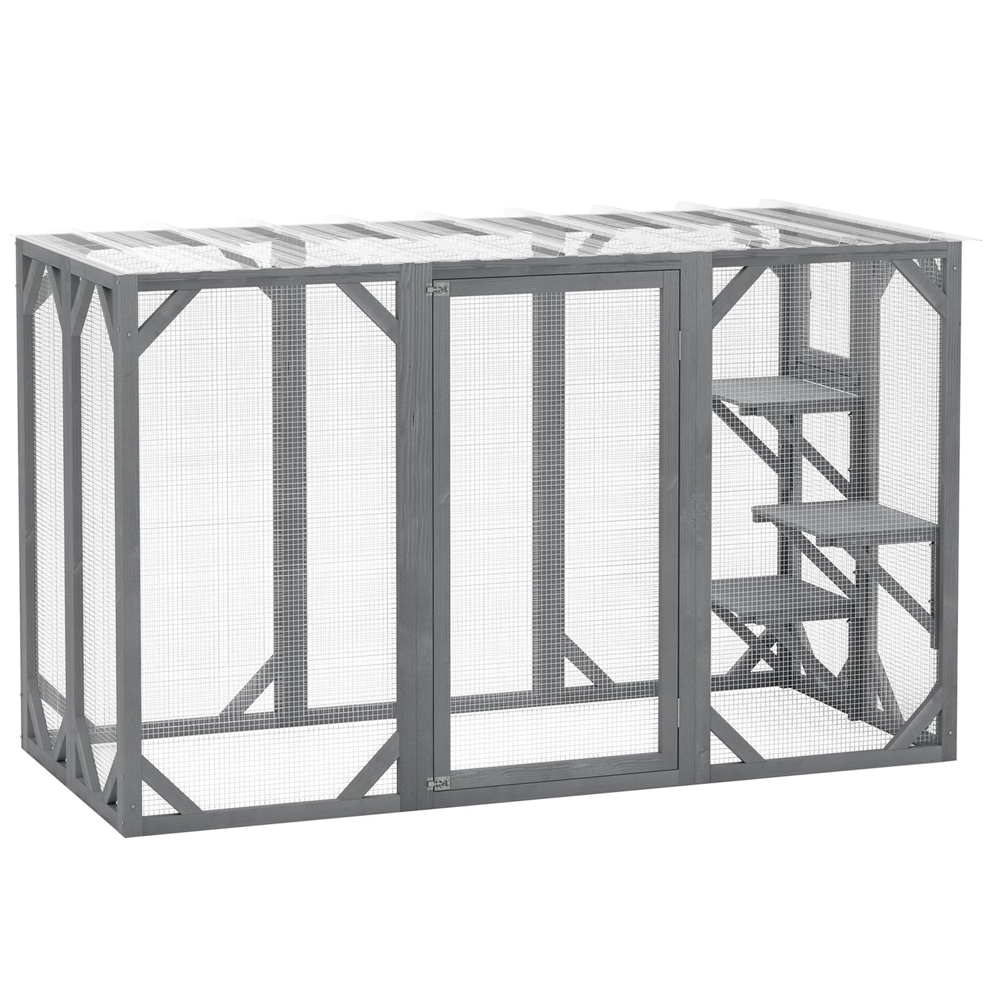 Outdoor Wooden Cat House with 3 Platforms, Large Door and Weatherproof Roof, for Multiple Cats, Grey
