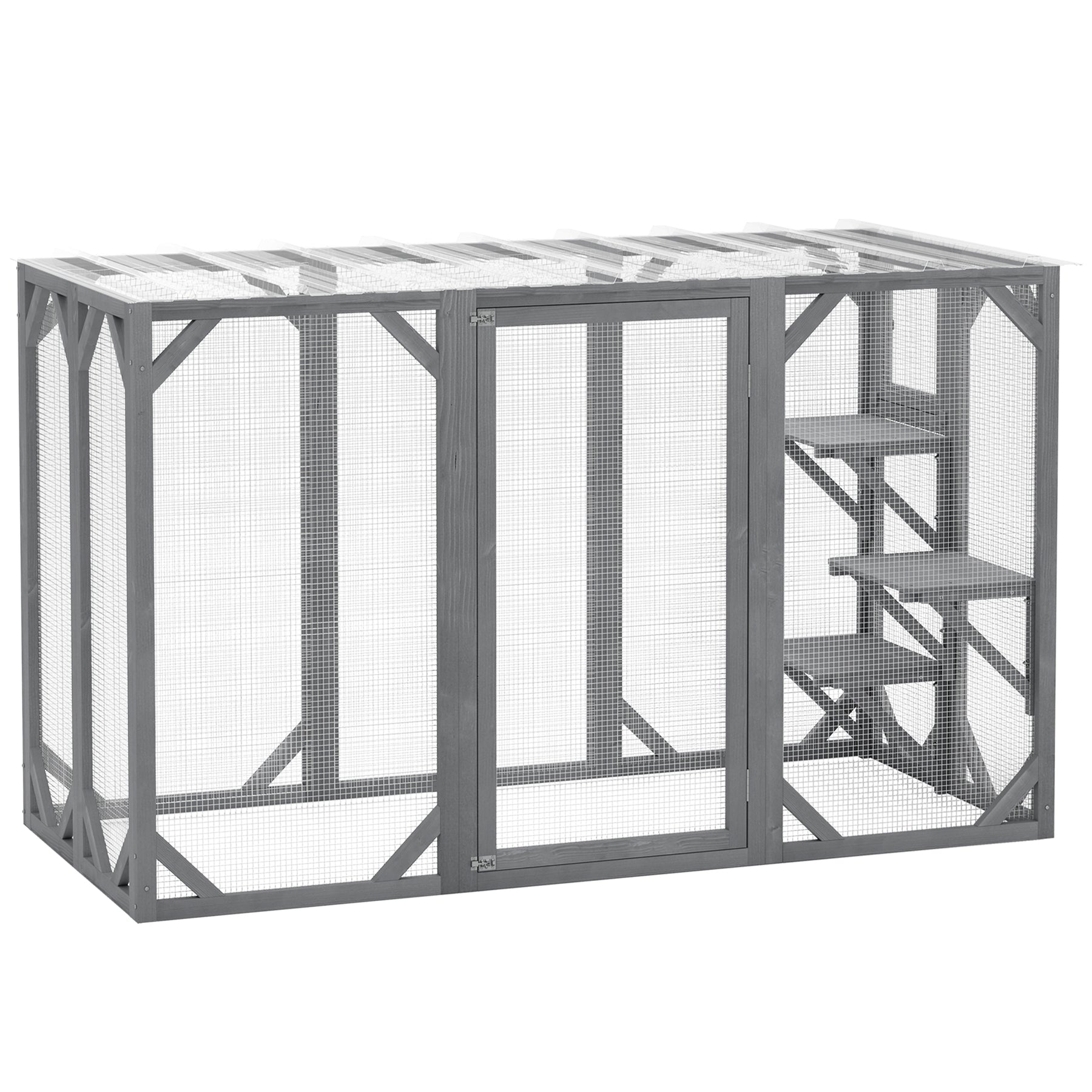 Outdoor Wooden Cat House with 3 Platforms, Large Door and Weatherproof Roof, for Multiple Cats, Grey