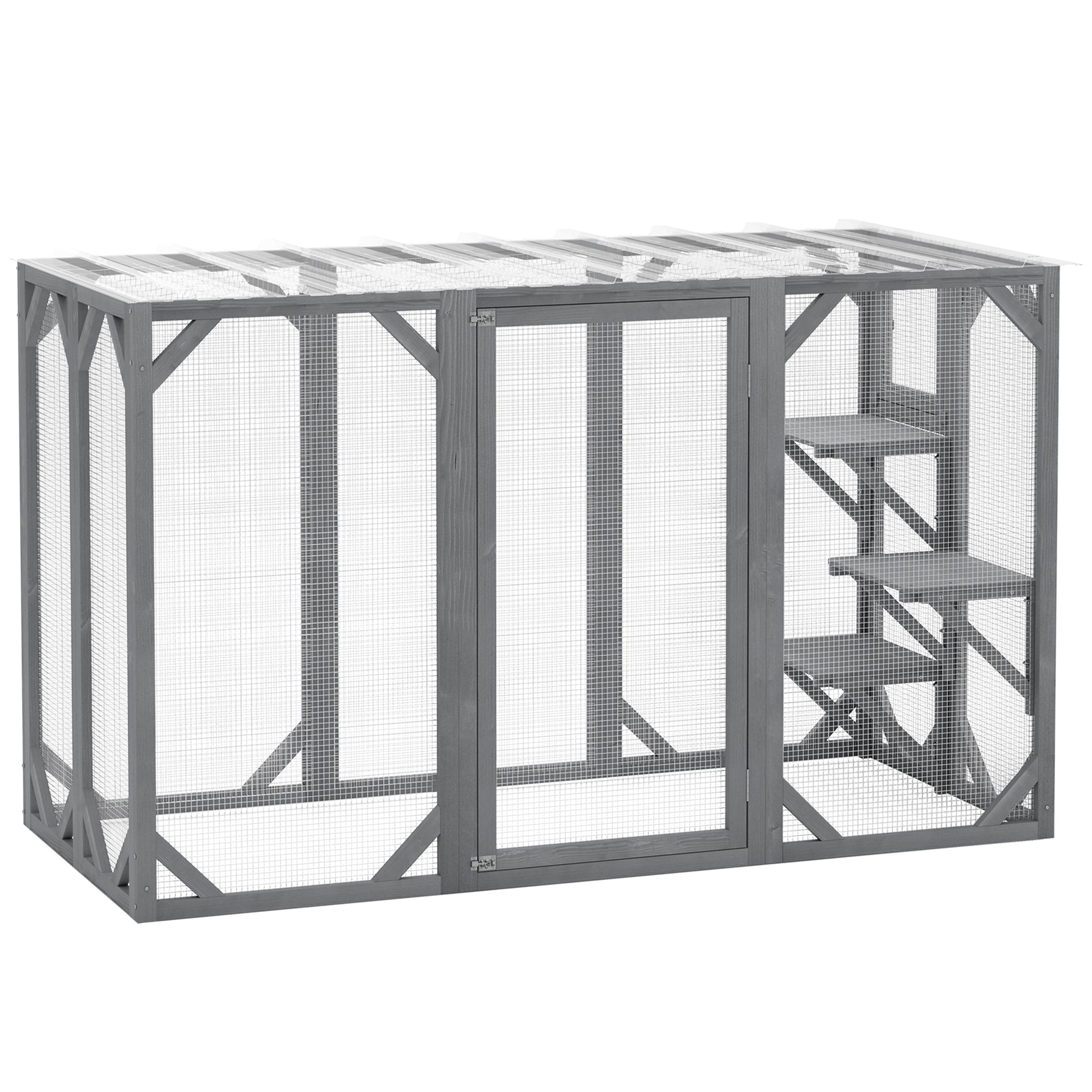 Outdoor Wooden Cat House with 3 Platforms, Large Door and Weatherproof Roof, for Multiple Cats, Grey