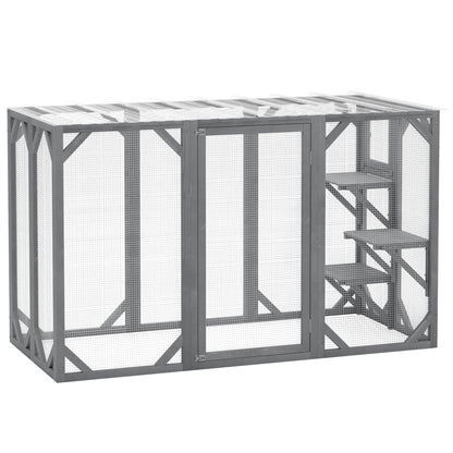 Outdoor Wooden Cat House with 3 Platforms, Large Door and Weatherproof Roof, for Multiple Cats, Grey