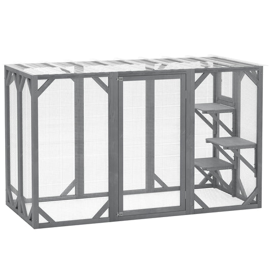 Outdoor Wooden Cat House with 3 Platforms, Large Door and Weatherproof Roof, for Multiple Cats, Grey