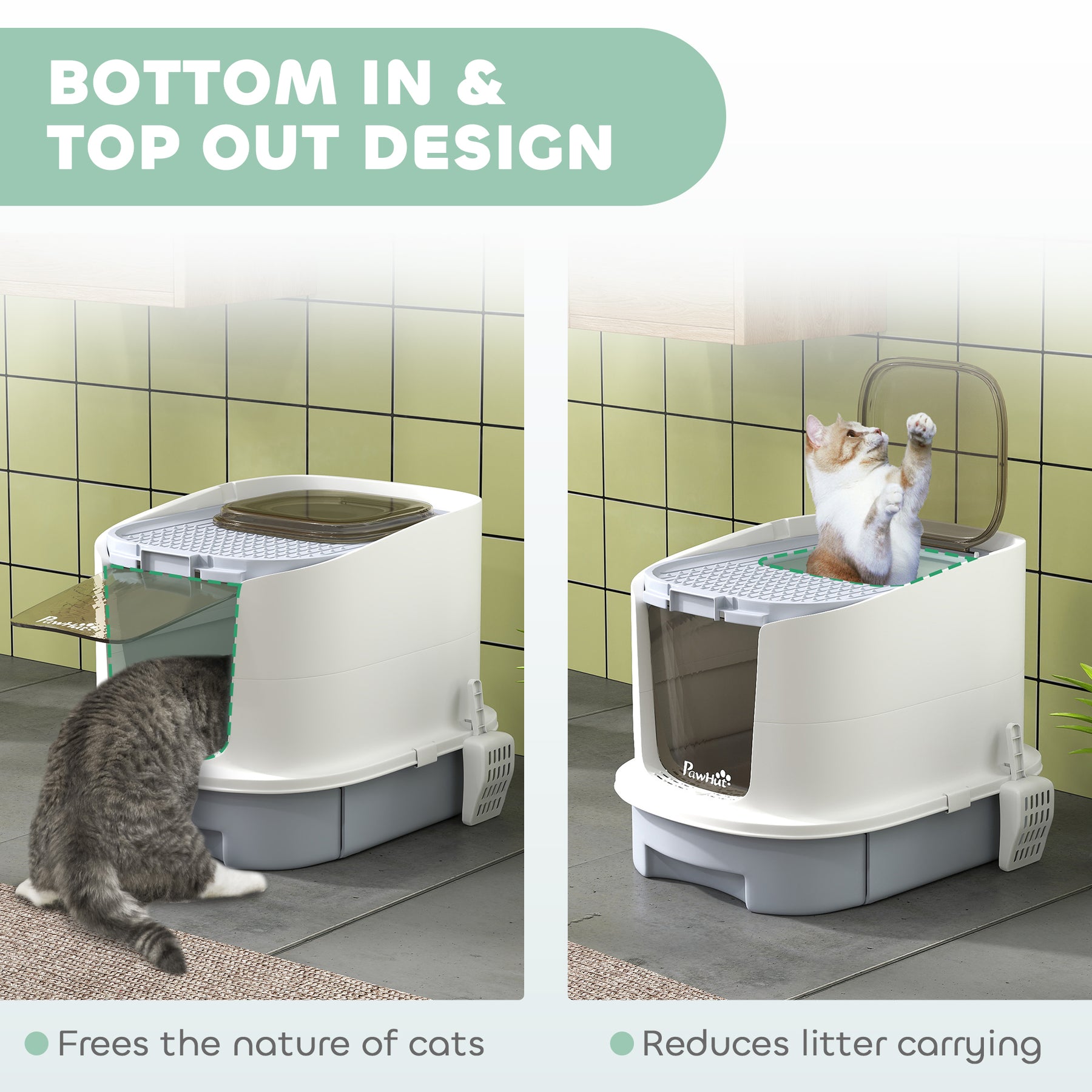 Cat Litter Box with Lid, Scoop, Deodorization Bags, Top Entry, Cat Toilet Easy Clean with Drawer Pan, Grey