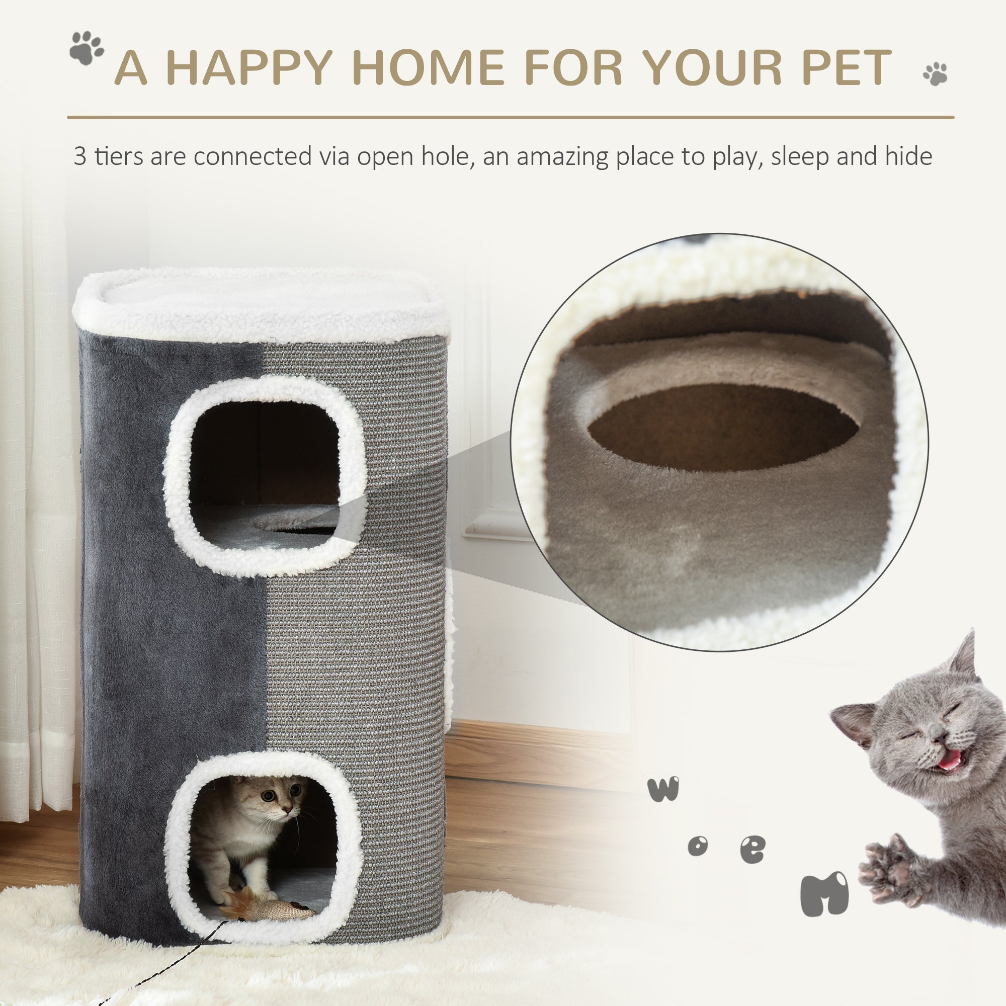 Cat Barrel Kitten Tree Tower Sisal Scratching Pet Furniture Climbing Frame Cozy Platform Soft Plush & Lamb Fleece Grey