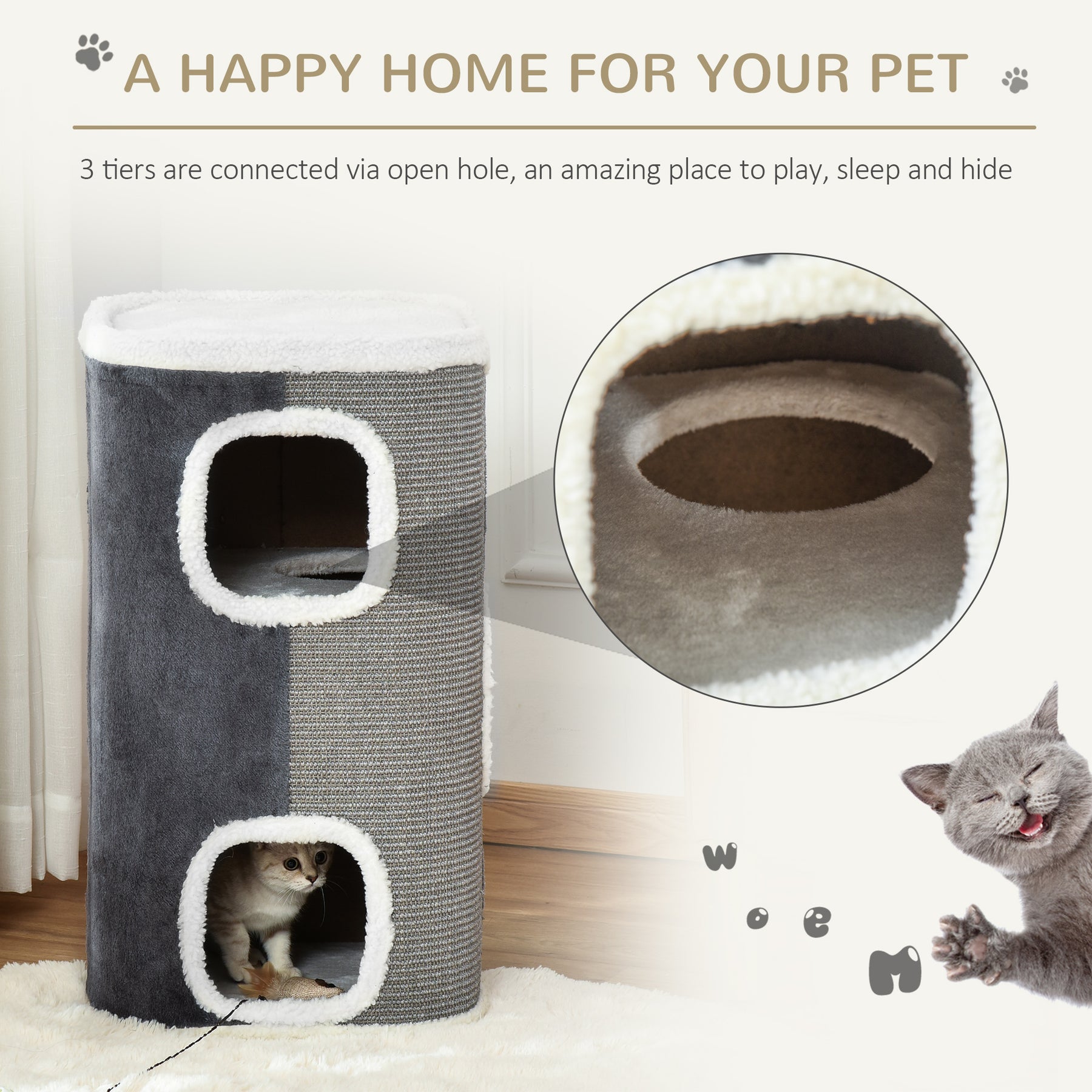 Cat Barrel Kitten Tree Tower Sisal Scratching Pet Furniture Climbing Frame Cozy Platform Soft Plush & Lamb Fleece Grey