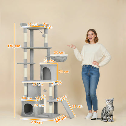 PawHut 170 cm Large Cat Tree, Cat Tower with 7 Scratching Posts, 2 Condos, Hammock, Light Grey PawHut