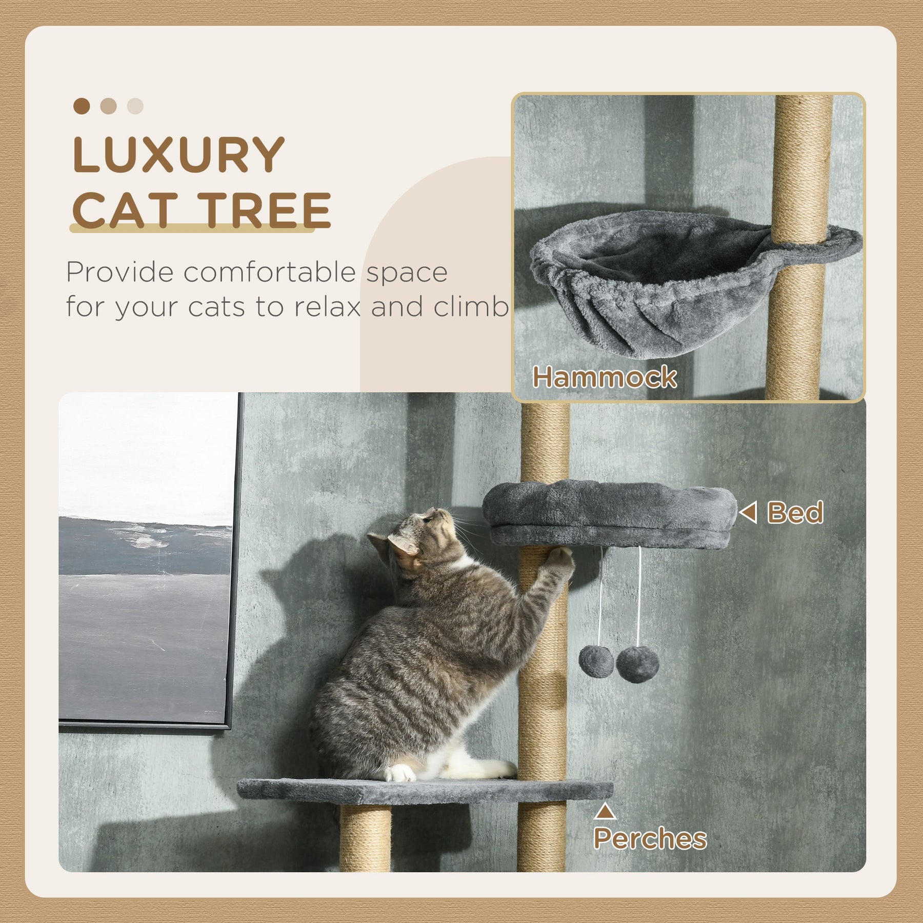 Floor to Ceiling Cat Tree, 6-Tier Climbing Activity Centre with Scratching Post, Hammock, Adjustable Height , Grey