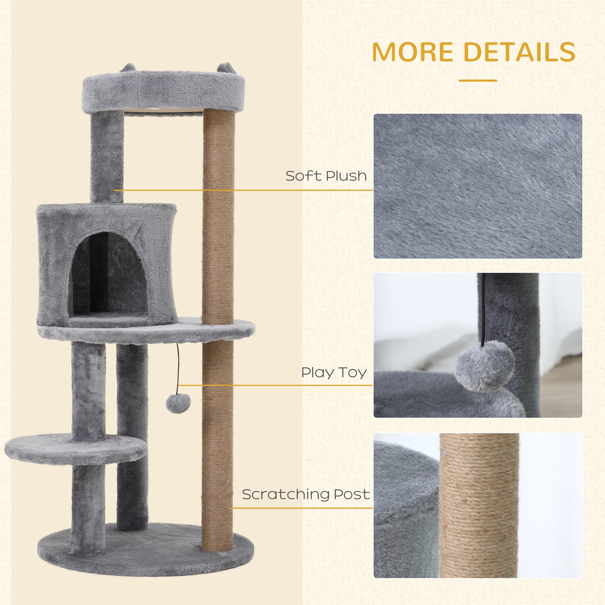 Deluxe Cat Tree with 3-Tier, Scratching Posts, Play Ball, and Plush Toy for Climbing and Relaxing, Grey