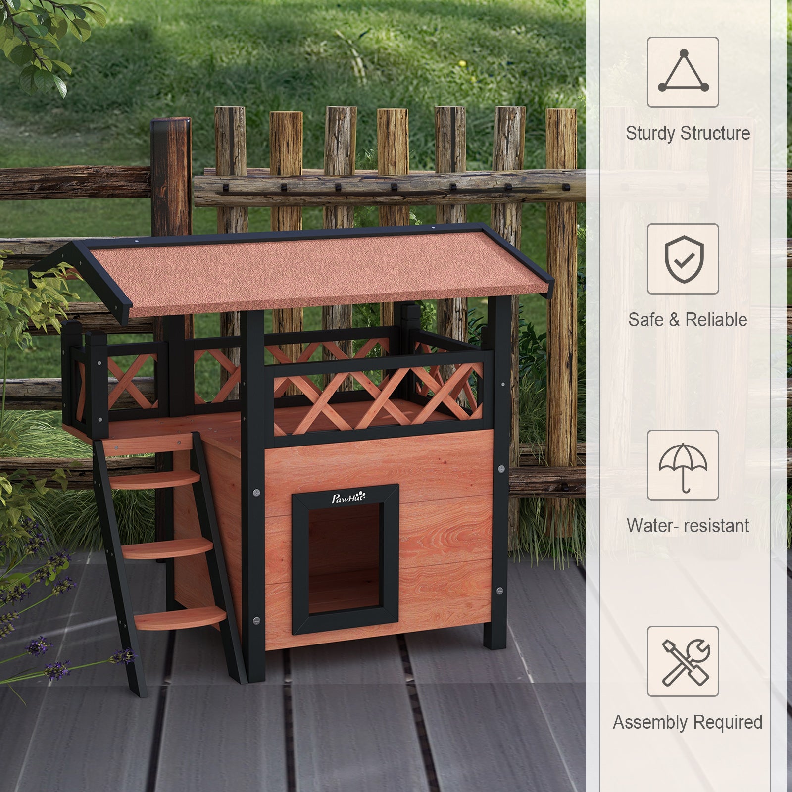 Cat House Outdoor w/ Balcony Stairs Roof, Brown