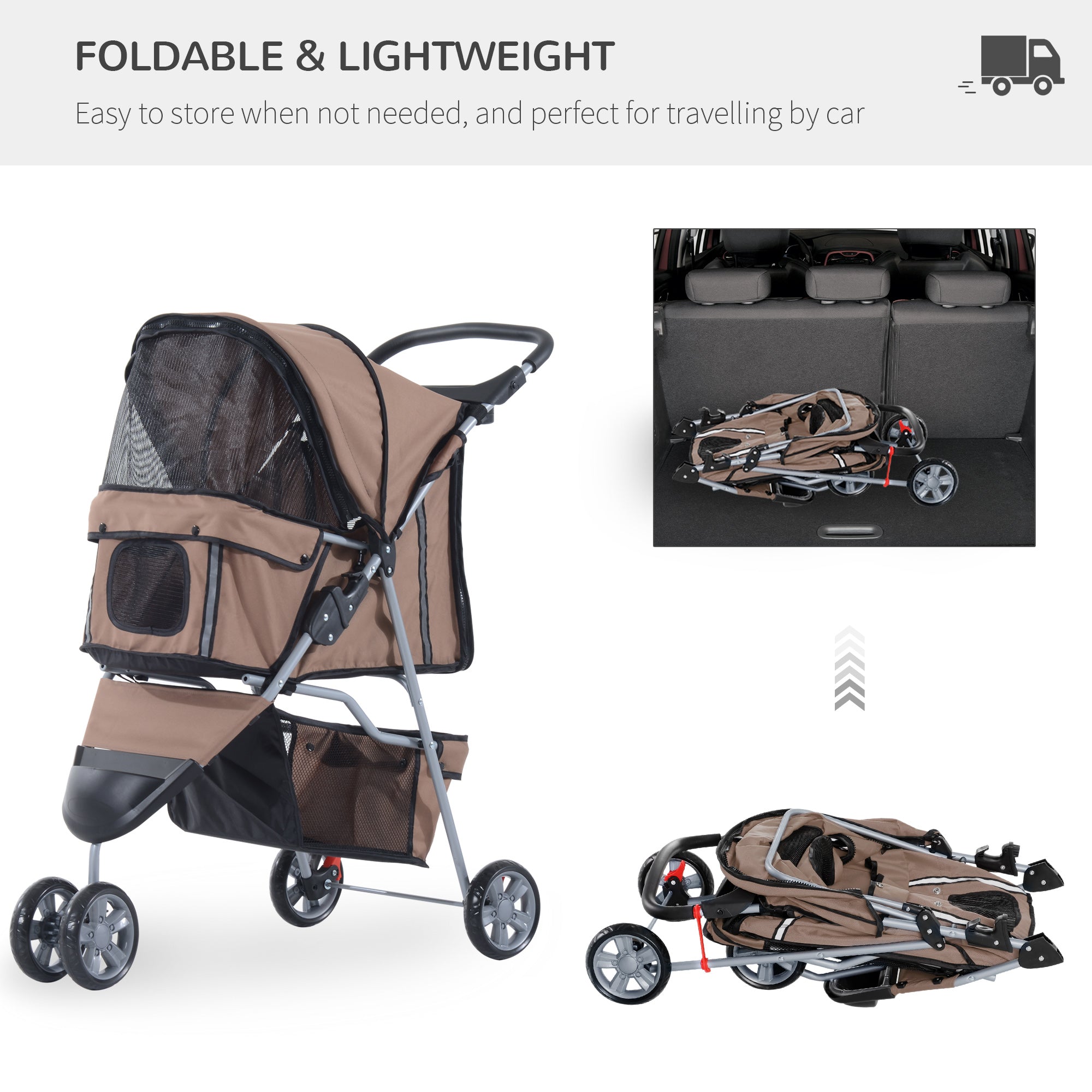 Lightweight Folding Dog Stroller with Cover, Cat and Dog Pushchair w/ Drink Holder, Storage Basket, Safety Features, Brown