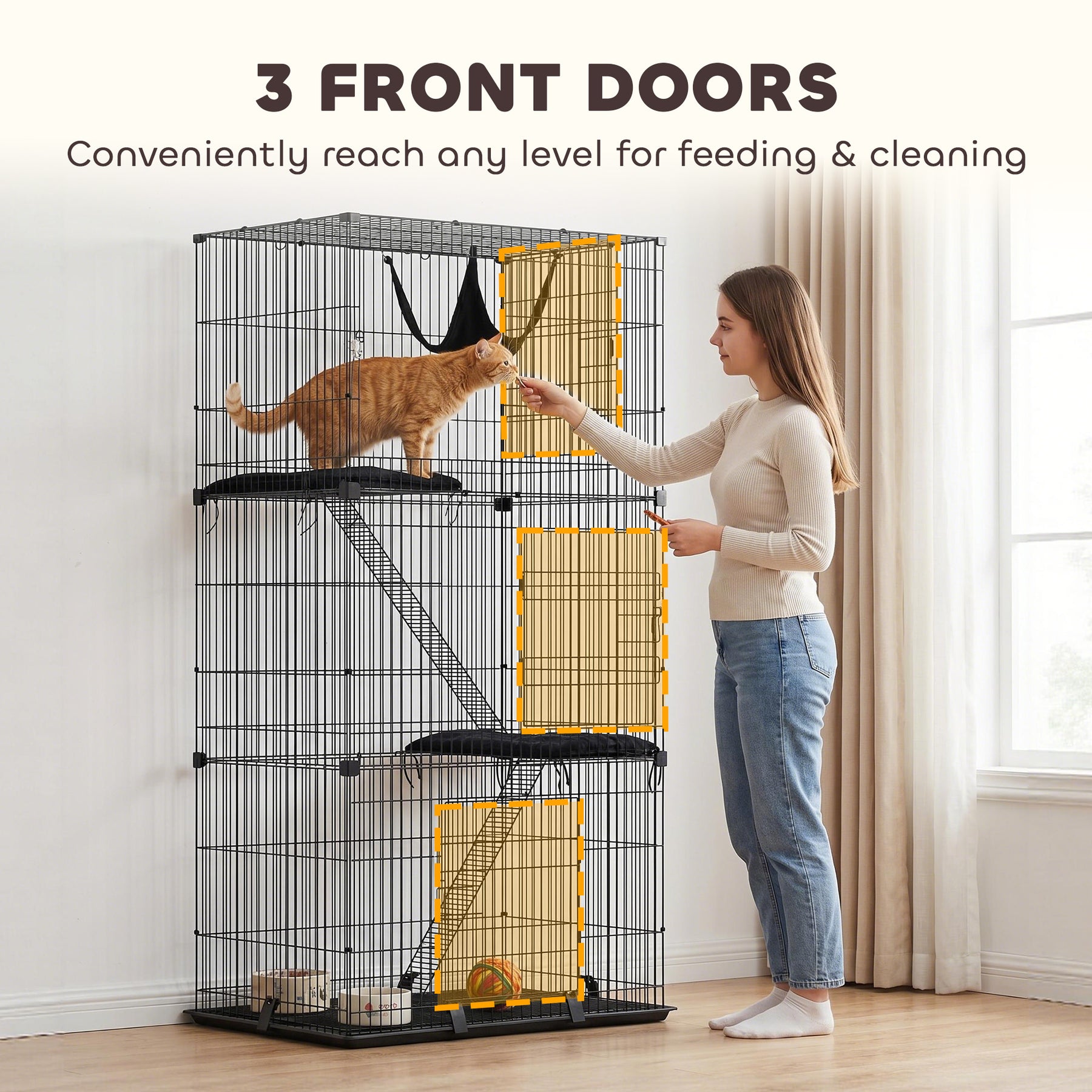 3-Tier Large Cat Cage Indoor, Detachable Metal Wire Kennel with Hammock, Platforms, Tray and Cushions for 1-2 Kittens