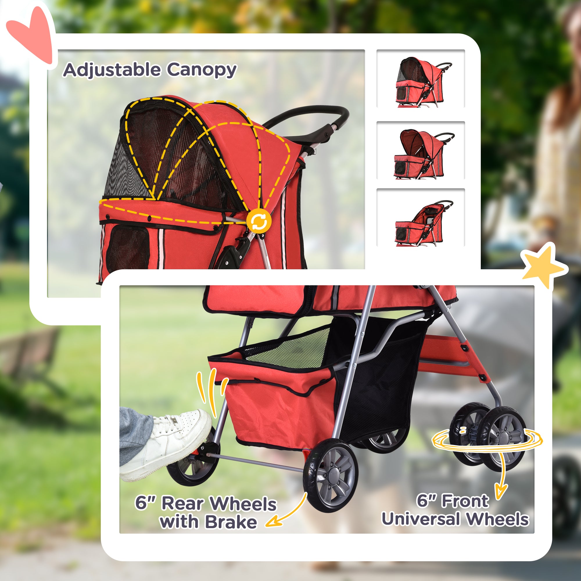 Pet Stroller, Dog Pram, Foldable Pushchair, Cat Travel Carriage with Wheels, Zipper Entry, for Small Pets, Red