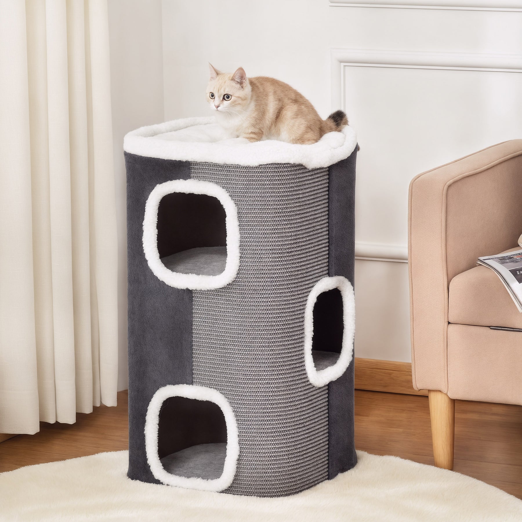 Cat Barrel Kitten Tree Tower Sisal Scratching Pet Furniture Climbing Frame Cozy Platform Soft Plush & Lamb Fleece Grey