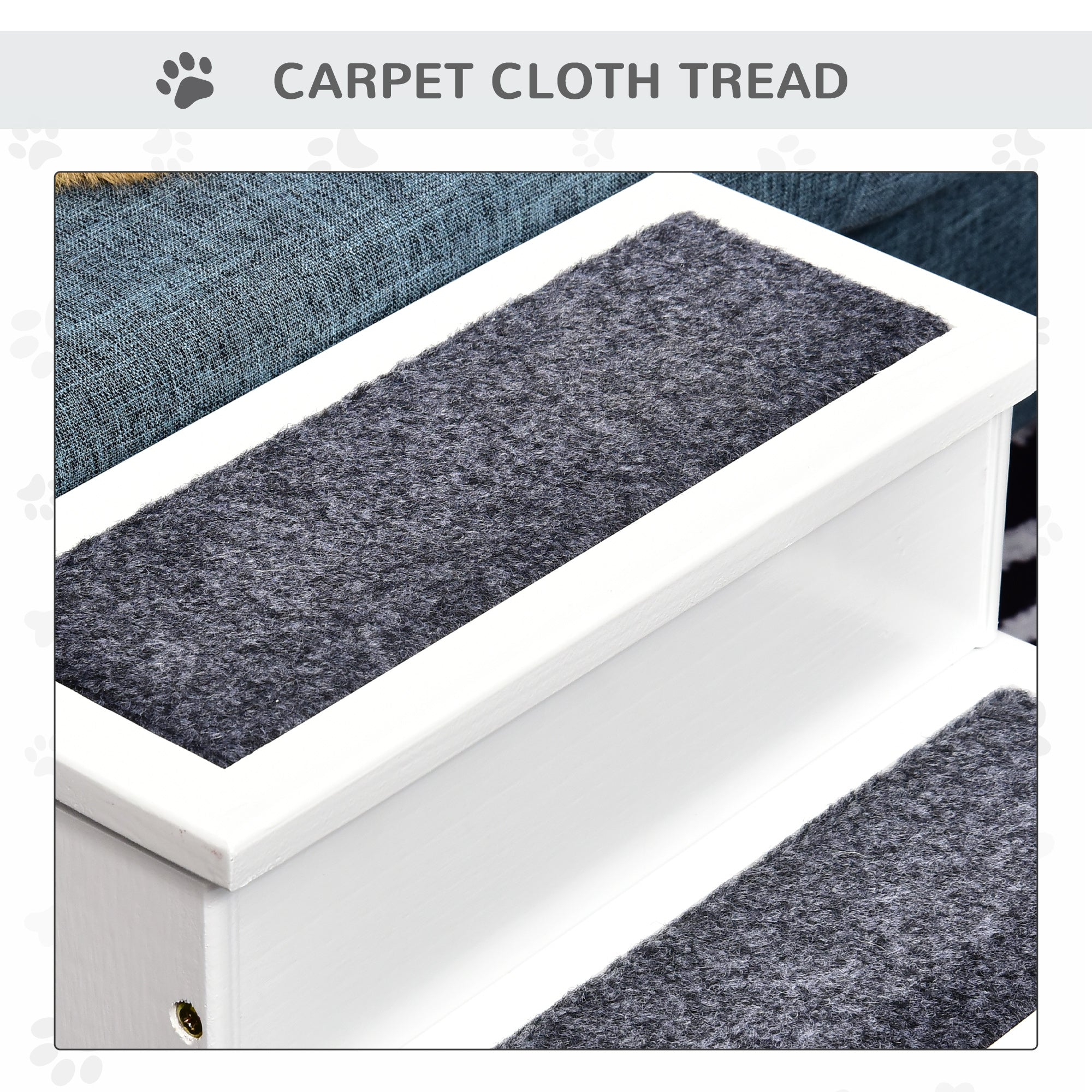3 Step Wooden Pet Stairs, Carpeted Ramp for Cats & Small Dogs, Non-Slip Carpet, Compact, White