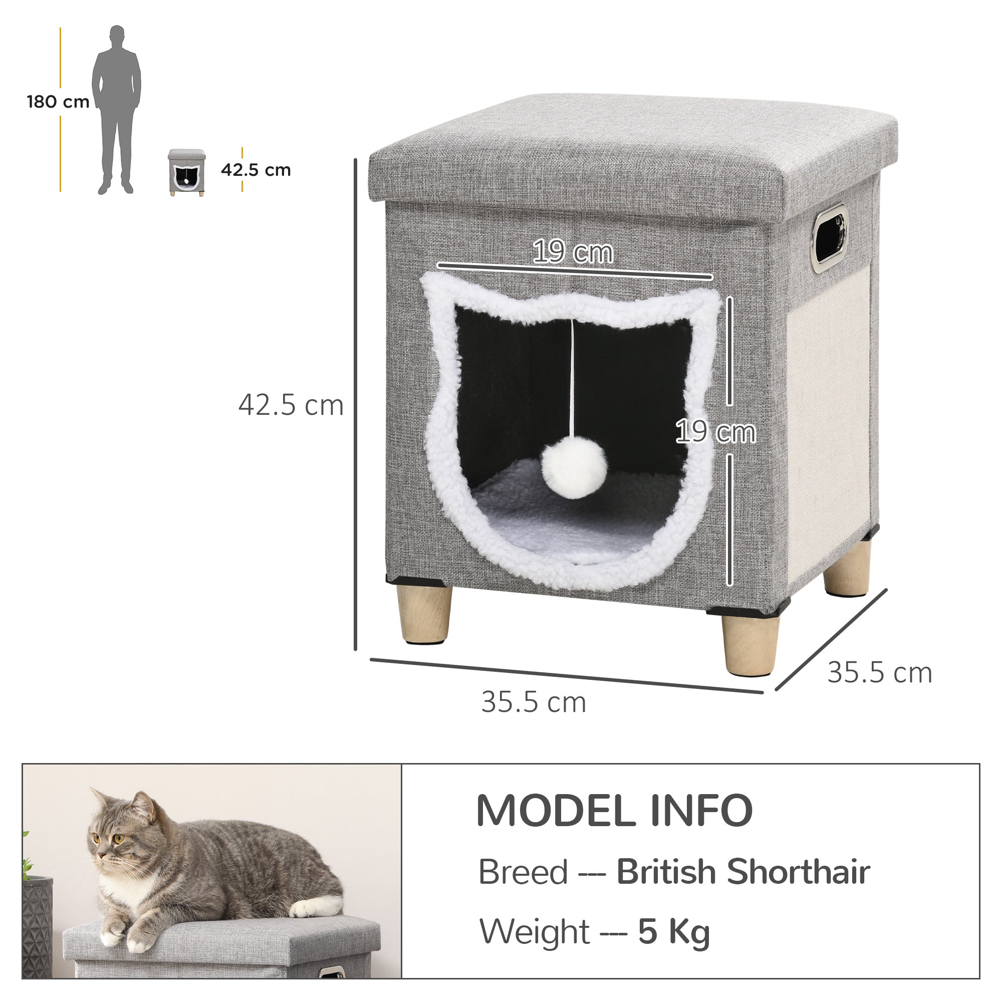 Cat Ottoman Bed 2-in-1, Cosy Cave with Cushion, Scratcher, Handles, Anti-Slip, Toy Ball, Grey